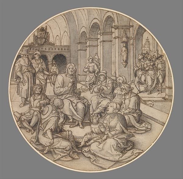 Christ Preaching in the Synagogue, with the Pharisees Bringing the Woman Taken in Adultery, by Dirck Vellert
