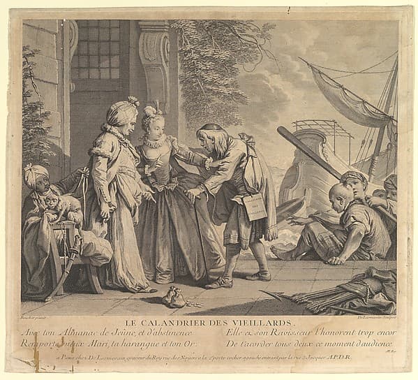 Le Calandrier des Vieillards (The Calendar of Old Men, from Suite d'Estampes Nouvelles pour les Contes de la Fontaine (Series of New Prints for the Tales of La Fontaine), by Nicolas de Larmessin III