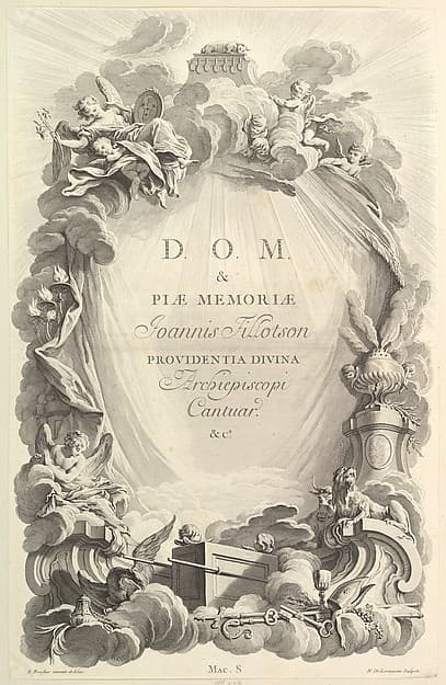Frontispice pour le "Tombeau de John Tillotson, archevêque de Cantorbéry" (Frontispiece for the "Tomb of John Tillotson, Archbishop fo Canterbery), from Tombeaux des Princes, des Grands Capitaines et autres Hommes illustres (Tombs of Princes, Great Captains, and other Illustrious Men), by Nicolas de Larmessin III