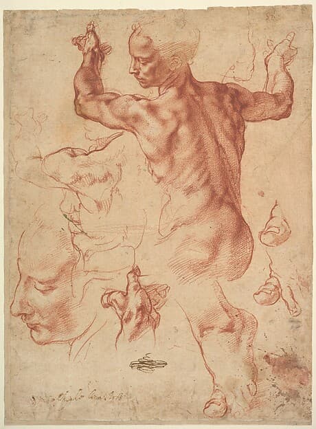 Studies for the Libyan Sibyl (recto); Studies for the Libyan Sibyl and a small Sketch for a Seated Figure (verso), by Michelangelo Buonarroti