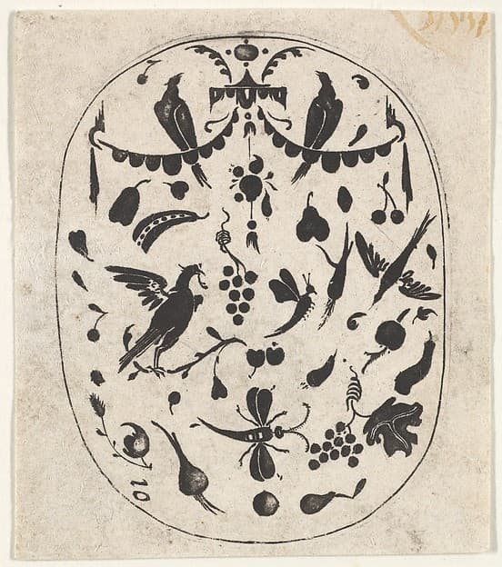Oval Blackwork Print with Birds, Insects and Fruits, by Claes Jansz. Visscher
