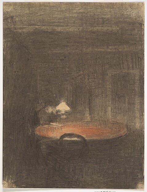 Figure Reading at a Table in an Interior at Night, by Vilhelm Hammershøi