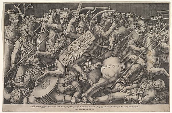 Roman soldiers fighting against Dacians, battle scene in shallow depth with horses and horn-players (after a bas-relief on the Arch of Constantine, Rome), by Nicolas Beatrizet
