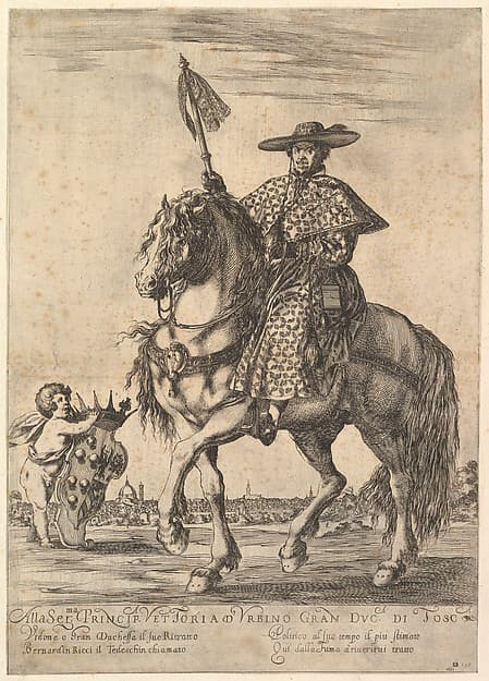 Bernardino Ricci, called il Tedeschino, atop a horse in center, riding towards the left, wearing a long robe, a cape, and a hat, holding a staff in his right hand, a putto holding the Medici coat of arms at bottom left, Florence in the background, by Stefano della Bella