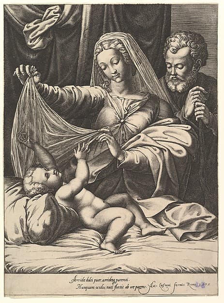 Madonna of Loreto, the Virgin lifts a veil above the Child, who lies on a bed and pillow, Joseph stands behind with both hands on his staff, by Giorgio Ghisi