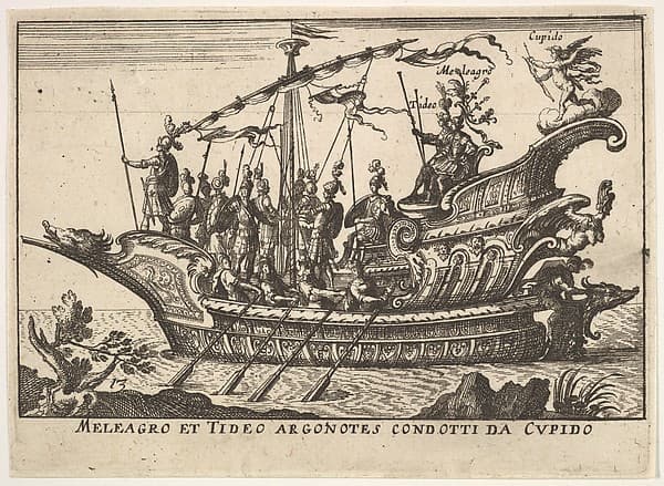 Plate 13: Argonauts Meleager and Tydeus led by Cupid (Meleagro et Tideo Argonotes condotti da Cupido), from "The magnificent pageant on the river Arno in Florence for the marriage of the Grand Duke" (Le Magnifique carousel fait sur le fleuve de l'Arne a Florence, pour le mariage du Grand Duc), by Anonymous