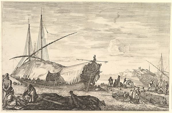 A galley covered in sails, from "Views of the port of Livorno" (Vues du port de Livourne), by Stefano della Bella