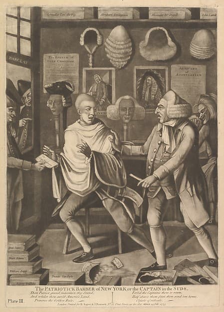 The Patriotick Barber of New York, or the Captain in the Suds, by Philip Dawe