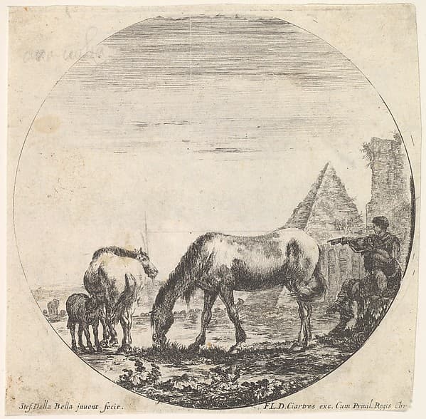 Plate 11: the pyramid of Caius Cestius, a horse grazing, a foal suckling a mare, a seated shepherd and another standing, from "Roman landscapes and ruins" (Paysages et ruines de Rome), by Stefano della Bella