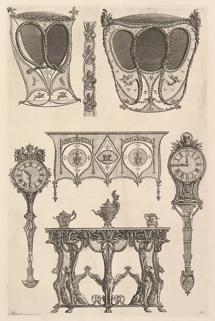 A sedan chair, a coach, a commode, a side table and two clocks (Deux ch. à porteurs v. de côté, une commode, une console, deux pedules, un meuble indét), from Diverse Maniere d'adornare i cammini ed ogni altra parte degli edifizi...(Different Ways of ornamenting chimneypieces and all other parts of houses), by Giovanni Battista Piranesi