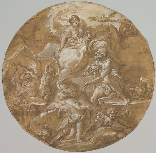 Venus at the Forge of Vulcan (recto); Sketches with Two Putti (verso), by Sebastiano Conca