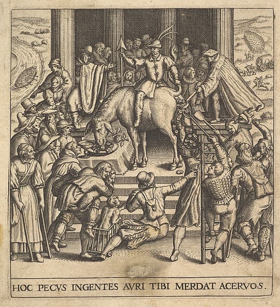 Men collecting dung dropping from the hindquarters of a mule, with a rider sitting backward on the mule and holding its tail aside, surrounded by onlookers spread around a stepped platform, from "Secular Emblems" (Emblemata Saecularia), by Johann Theodor de Bry