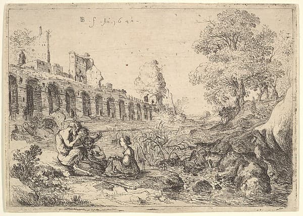 Corsica seated before satyrs on the bank of a river, from a pair of plates for Battista Guarini's "Il Pastor fido", by Bartholomeus Breenbergh