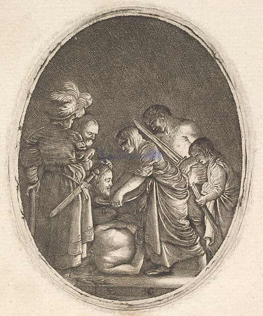 Salome receiving the head of John the Baptist, surrounded by three men and a child bearing a torch, the Baptist's body lies on the ground, by Hendrick Goudt