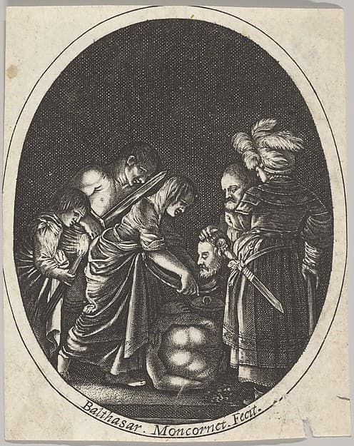 Salome receiving the head of John the Baptist, surrounded by three men and a child bearing a torch, the Baptist's body lies on the ground, by Balthazar Moncornet