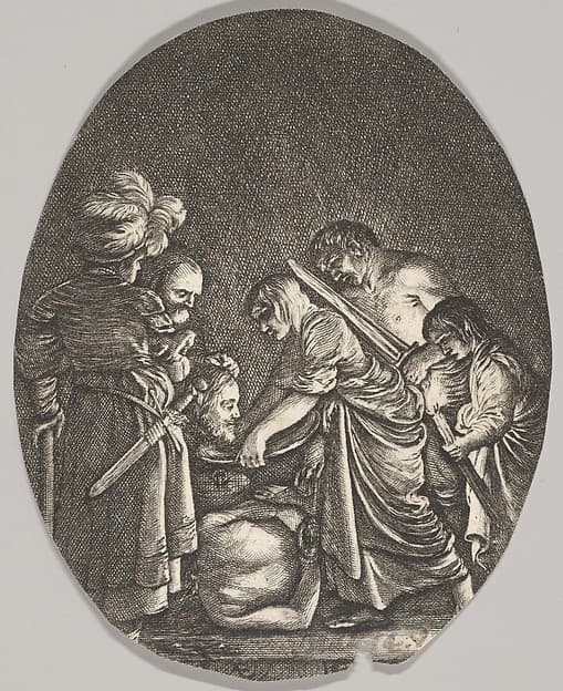 Salome receiving the head of John the Baptist, surrounded by three men and a child bearing a torch, the Baptist's body lies on the ground, by Hendrick Goudt