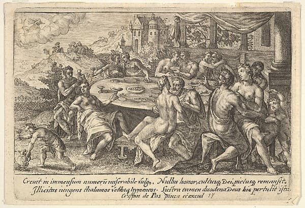 Mankind surrendering to lechery before the Flood: embracing couples on benches around a table with food and drink, from "Liber Genesis", by Crispijn de Passe the Elder