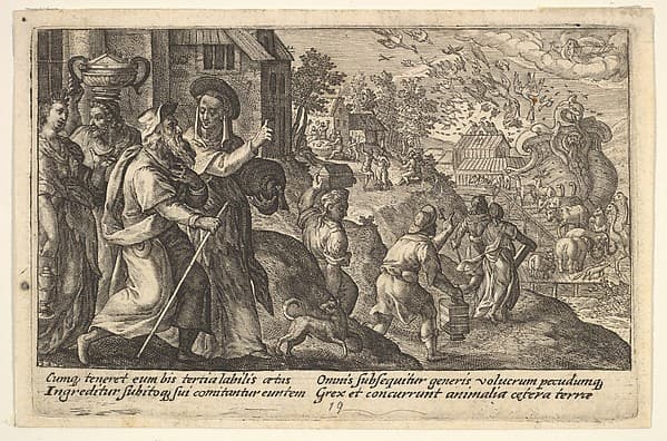 Entry into the ark: Noah and his family walk toward the ark in the background, pairs of animals walk up a ramp leading into the ark, from "Liber Genesis", by Crispijn de Passe the Elder