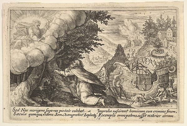 Noah kneeling before God at left, the construction of the ark underway beyond, from "Liber Genesis", by Crispijn de Passe the Elder