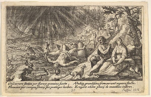 The beginning of the Flood: men and women climb to higher ground at right, water overtaking animals and people at left, Noah's Ark beyond, from "Liber Genesis", by Crispijn de Passe the Elder