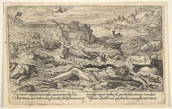 The Flood destroys life on earth: corpses of humans and animals adrift in the foreground, Noah's ark beyond and a flying dove holding a branch above, from "Liber Genesis", by Crispijn de Passe the Elder