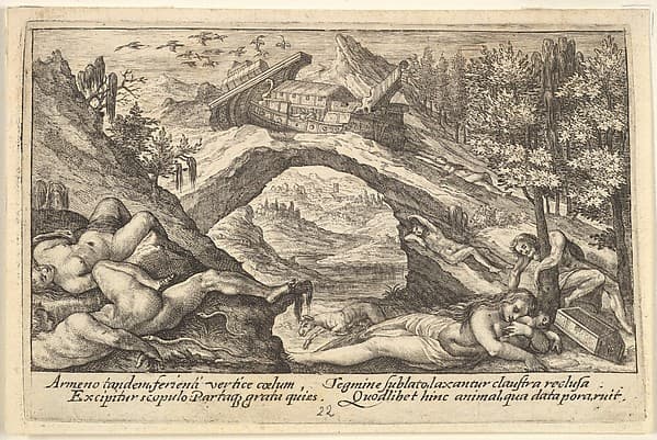 Aftermath of the Flood: human bodies strewn on dry land in the foreground, Noah's ark moored on a rocky outcrop beyond, from "Liber Genesis", by Crispijn de Passe the Elder