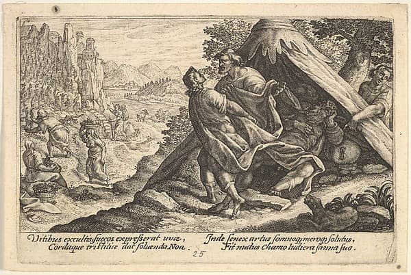 Drunkenness of Noah: Shem and Japheth cover the naked body of Noah, who lies in a tent, a male figure at far right points to Noah, from "Liber Genesis", by Crispijn de Passe the Elder