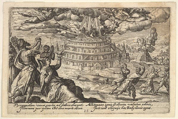 Destruction of the Tower of Babel: at right men and women flee from the burning tower, at left men and women raise their hands toward two flying angels, from "Liber Genesis", by Crispijn de Passe the Elder