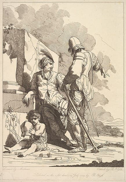 Two Soldiers and Child Holding a Helmet, by Robert Blyth