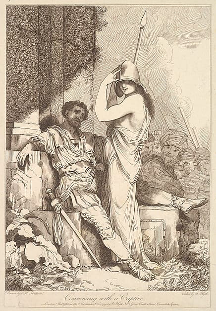 Conversing with a Captive, from "Banditti Variously Employed", by Robert Blyth