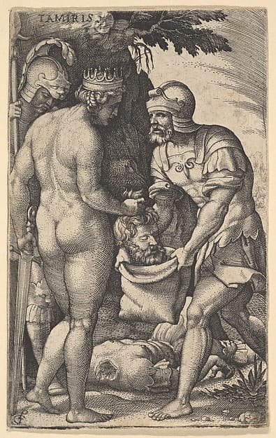 Tomyris, shown nude from behind, placing the head of Cyrus into a sack held by a soldier, the decapitated body of Cyrus on the ground at her feet, from "Four Mythological Scenes", by Georg Pencz