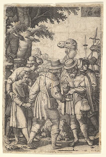 Joseph sold to the merchants: a bearded man grasping Joseph with his left hand receives coins in his right hand, from "The Story of Joseph", by Georg Pencz