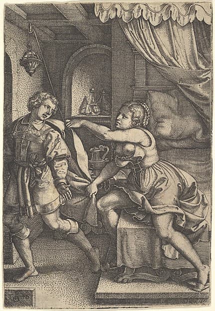 Joseph strides away from Potiphar's wife, who clutches his cloak with both hands as she straddles the corner of a bed, from "The Story of Joseph", by Georg Pencz
