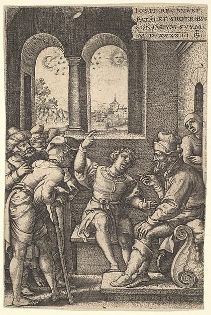 Joseph explains his dream to his brothers and father in an interior setting; the sun, moon, and stars above a landscape in the portal beyond, from "The Story of Joseph", by Georg Pencz