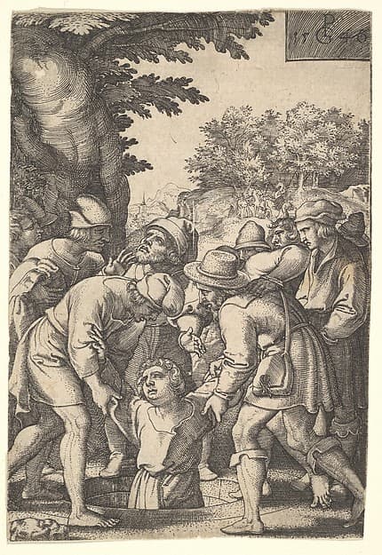 Joseph lowered into a well by his brothers, from "The Story of Joseph", by Georg Pencz