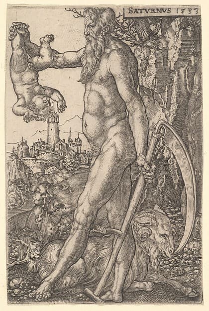 Saturn holding an Infant and a Scythe, from "The Seven Planets", by Heinrich Aldegrever