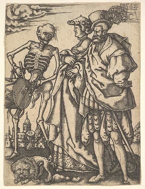 Couple and Death with a Drum, from "The Dance of Death", by Allaert Claesz.