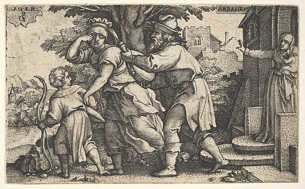 Abraham sending away Hagar and Ishmael: Abraham holds forth a vessel as Hagar and Ishmael stride before him, from "The Story of Abraham", by Georg Pencz