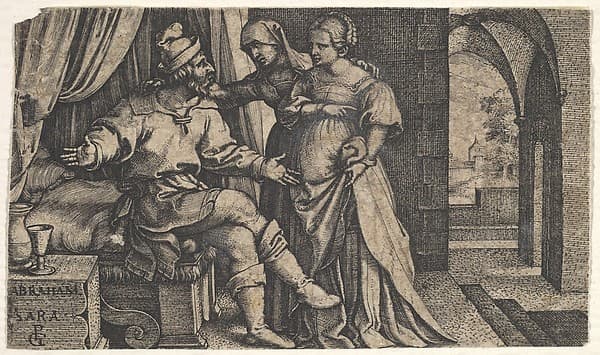 Sarah presenting Hagar to Abraham, who sits at the foot of a bed, from "The Story of Abraham", by Georg Pencz