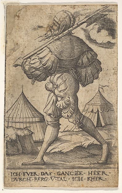 Halberdier walking left and carrying a halberd over his left shoulder, two tents beyond, from "Twelve soldiers of different ranks", by Virgil Solis