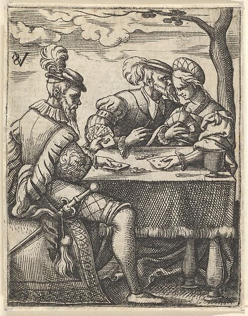 Two men and a woman playing cards at a table, one man pressing his nose toward the woman's forehead, from a series of ten scenes of musicians and couples dancing, drinking, playing music, and playing cards, by Virgil Solis