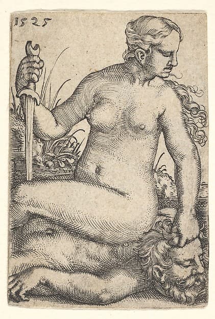 Judith, looking towards the right, seated nude atop the dead body of Holofernes, with a sword in her right hand and the head of Holofernes in her left hand, by Barthel Beham