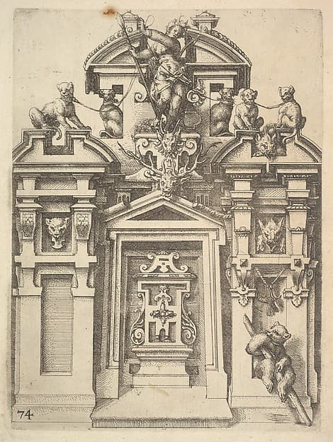 Design for an Architectural Structure with a Hunting Theme, plate 74 from "Architettura", by Wendel Dietterlin, the Elder