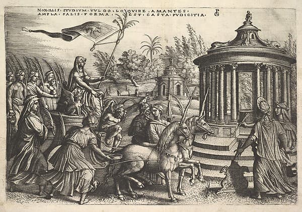 Triumph of Chastity: unicorns draw a carriage bearing a female figure seated next to a sphinx and holding a standard, Vestal virgins walk behind the carriage, round temple of Vesta at right, from "The Triumphs of Petrarch", by Georg Pencz