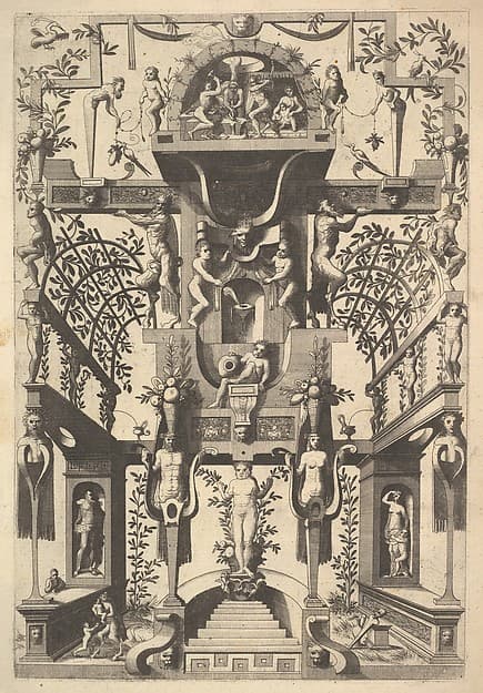 Fantastic Architecture Structure with Strapwork and Two Pergolas and a Small Scene with Vulcan's Forge at the Top, by Cornelis Floris II