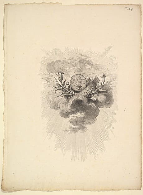 Vignette with a Medal depicting Harpocrate and Lotus Flowers, Volume I, Page 12, from Description des Principales Pierres gravées du Cabinet de S.A.S. Monseigneur le Duc d'Orléans Premier Prince du sang. A Paris chez M. l'abbé de la Chau au Palais-Royal M. l'abbé Le Blond au collége Mazarin Et chez Pissot, libraire, quai des Augustins, by Augustin de Saint-Aubin