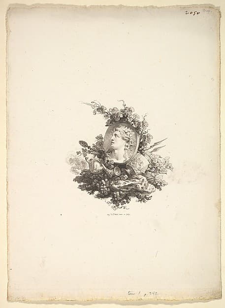 Vignette with the Head of Bacchus on a Cornelian, Tome I, Page 242, from Description des Principales Pierres gravées du Cabinet de S.A.S. Monseigneur le Duc d'Orléans Premier Prince du sang. A Paris chez M. l'abbé de la Chau au Palais-Royal M. l'abbé Le Blond au collége Mazarin Et chez Pissot, libraire, quai des Augustins, by Augustin de Saint-Aubin