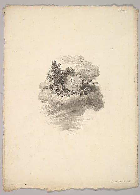 Vignette with Coin on a Cloud with Roses to the left and Doves Below and to the Right, Tome I, Page 148, from Description des Principales Pierres gravées du Cabinet de S.A.S. Monseigneur le Duc d'Orléans Premier Prince du sang. A Paris chez M. l'abbé de la Chau au Palais-Royal M. l'abbé Le Blond au collége Mazarin Et chez Pissot, libraire, quai des Augustins, by Augustin de Saint-Aubin