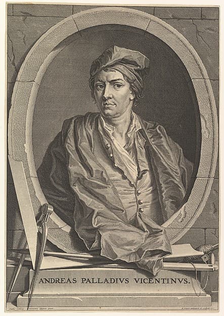 Portrait of Andrea Palladio in half-length within an oval frame; a compass, carpenter's square, and plumb line rest on the plinth below the oval, from an unidentified edition of "Architecture de Palladio", revised by Giacomo Leoni and translated by Nicholas du Bois, by Bernard Picart