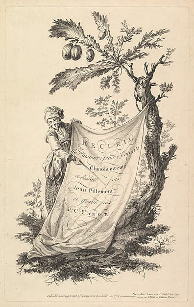 Title page: a smiling man holds a corner of a cloth tied to a fig tree and points with a stick to the cloth's inscription, from 'Recueil de plusieurs jeux d'enfants chinois' after Jean Pillement, by Jean Pillement